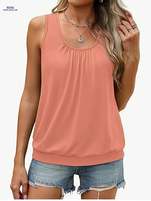 Elegant Loose Pleated Round Neck Top - Stylish Polyester Vest   OAXG Black / S