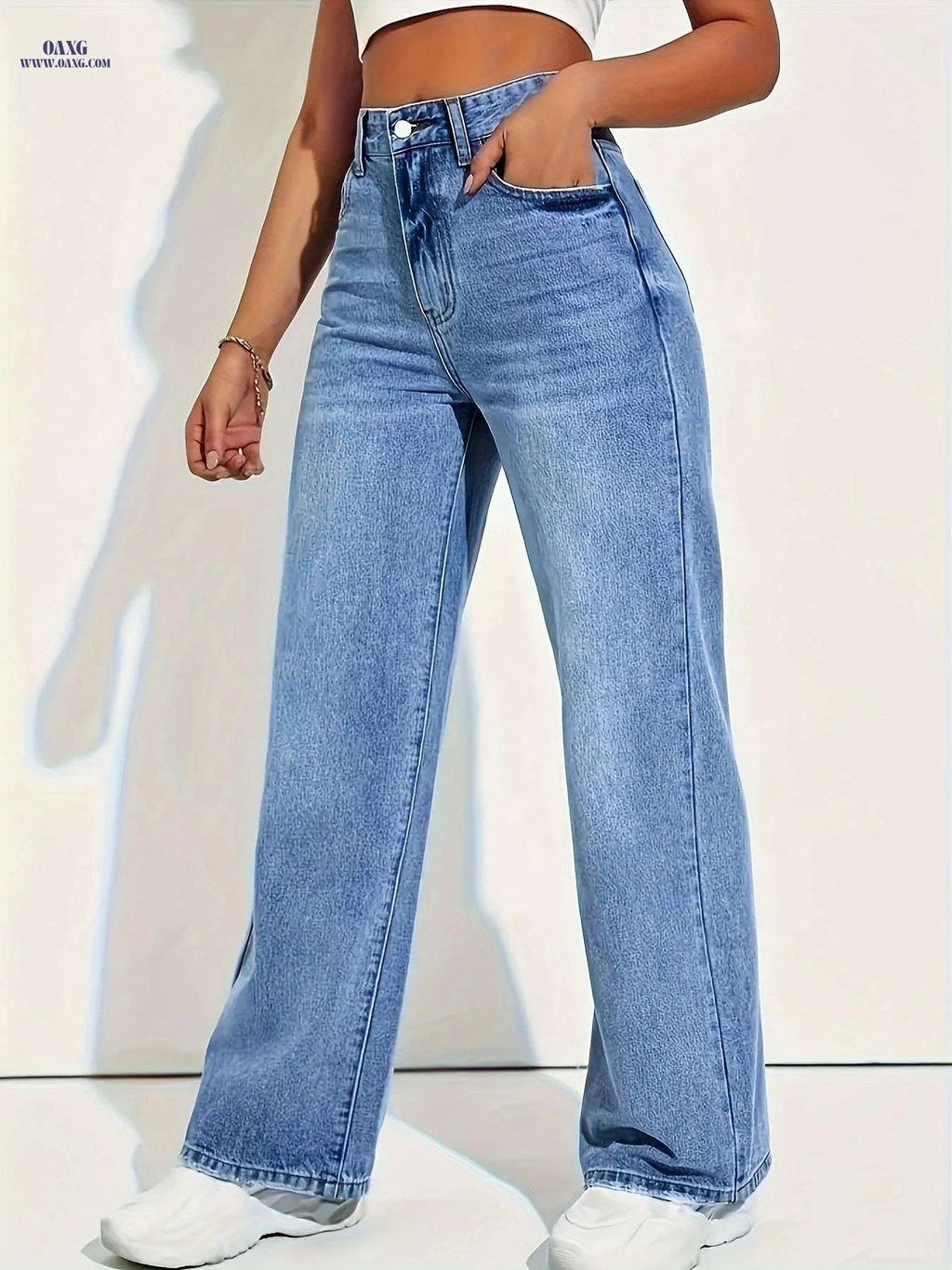 Elegant Medium Stretch Straight-Leg Jeans - All-Season Comfort   OAXG Medium Blue / XS