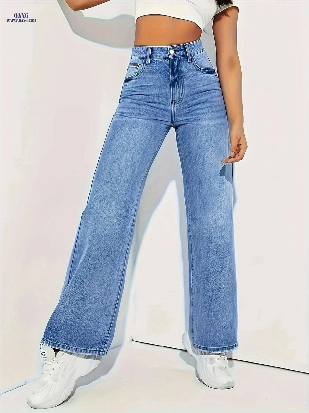 Elegant Medium Stretch Straight-Leg Jeans - All-Season Comfort   OAXG Medium Blue / XS