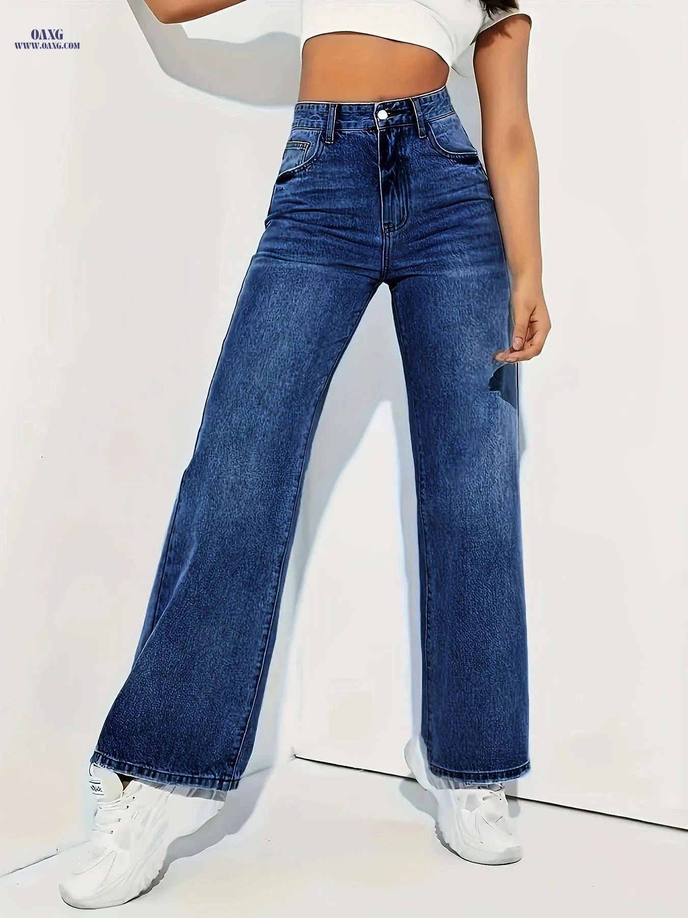 Elegant Medium Stretch Straight-Leg Jeans - All-Season Comfort   OAXG Medium Blue / XS