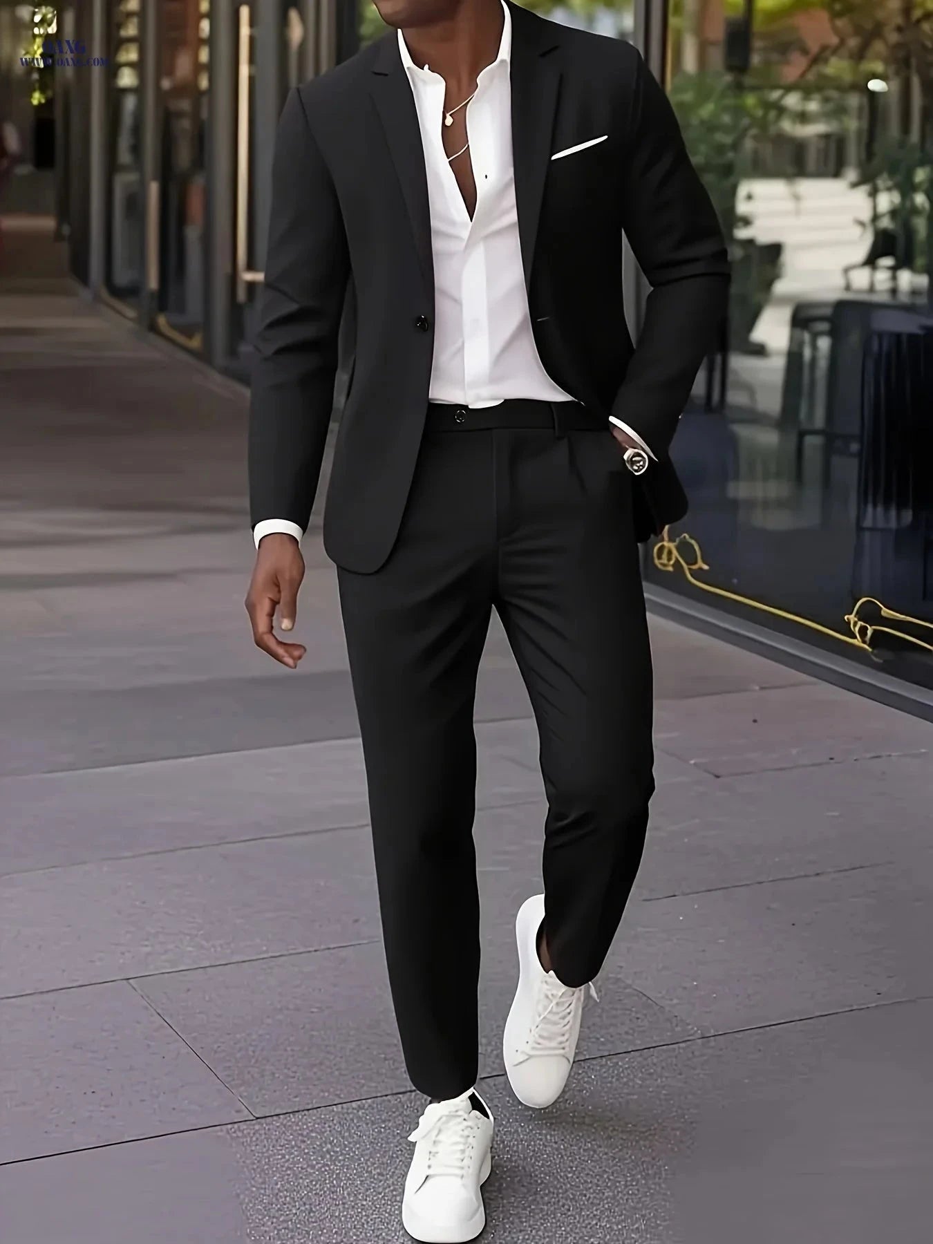 Elegant Men's 2pcs Suit Set - Blazer and Trousers for Business   OAXG Black / FR XXS