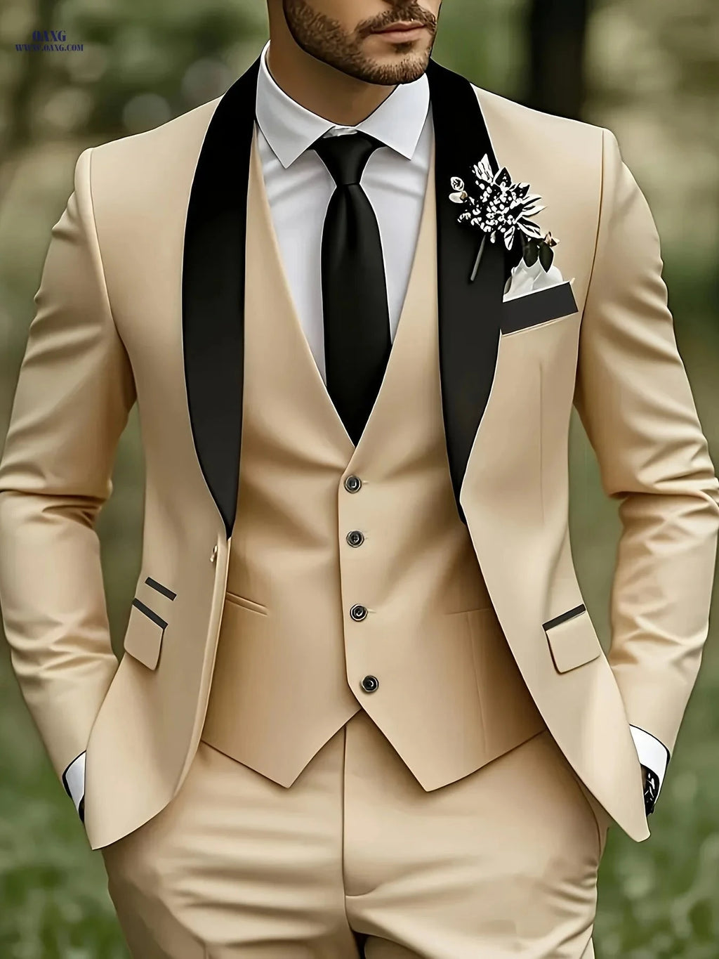 Elegant Men's 3-Piece Suit Set - Blazer, Vest & Trousers for Groomsmen   OAXG 