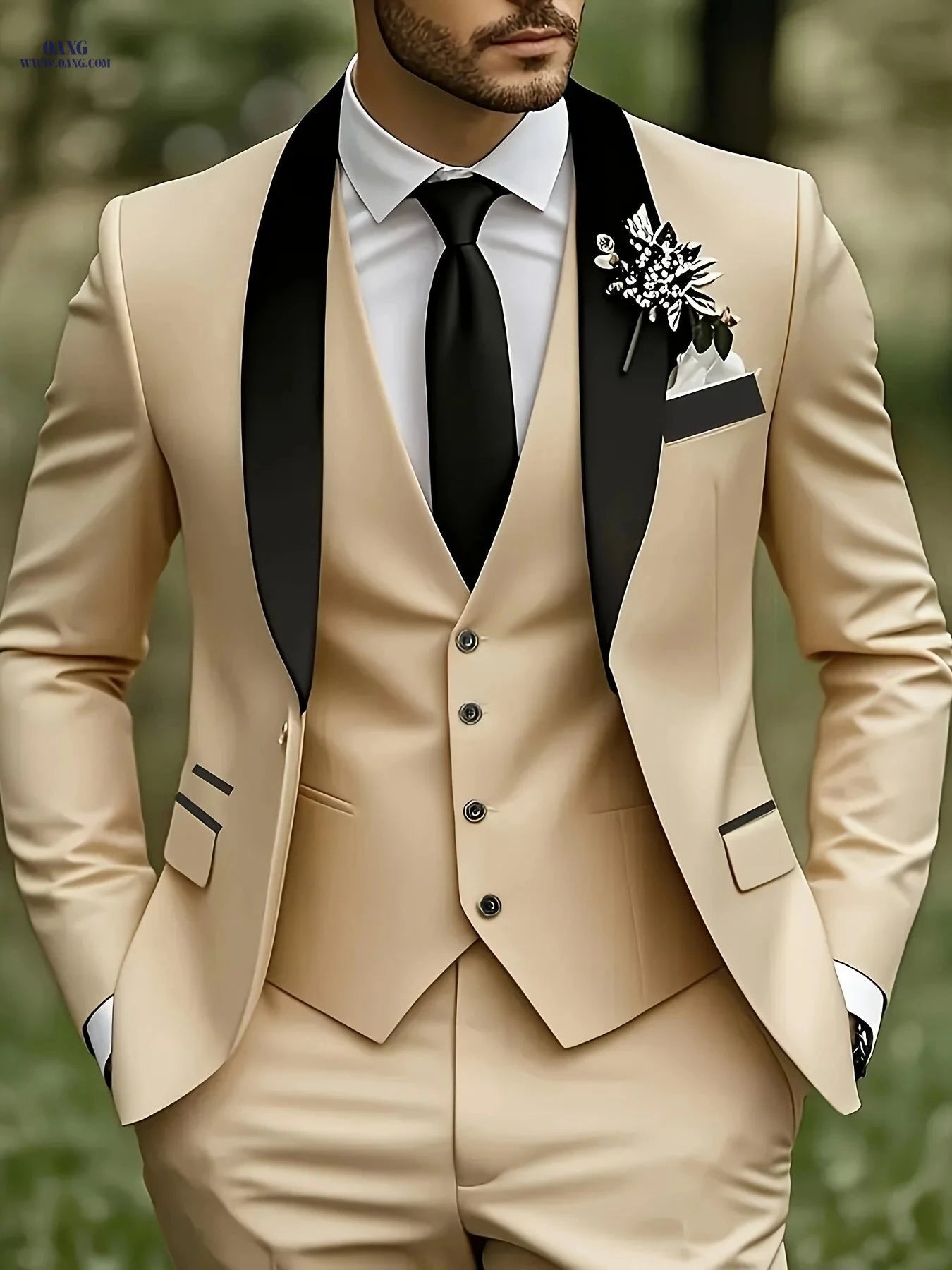 Elegant Men's 3-Piece Suit Set - Blazer, Vest & Trousers for Groomsmen   OAXG 