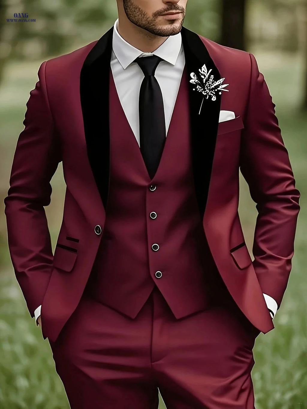 Elegant Men's 3-Piece Suit Set - Blazer, Vest & Trousers for Groomsmen   OAXG 
