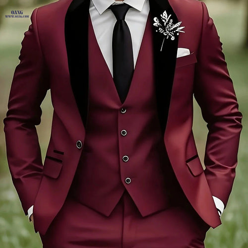 Elegant Men's 3-Piece Suit Set - Blazer, Vest & Trousers for Groomsmen   OAXG Burgundy / FR XXS