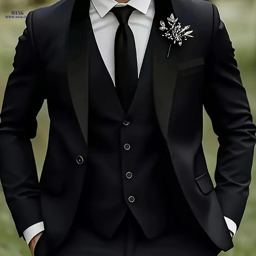 Elegant Men's 3-Piece Suit Set - Blazer, Vest & Trousers for Groomsmen   OAXG Burgundy / FR XXS