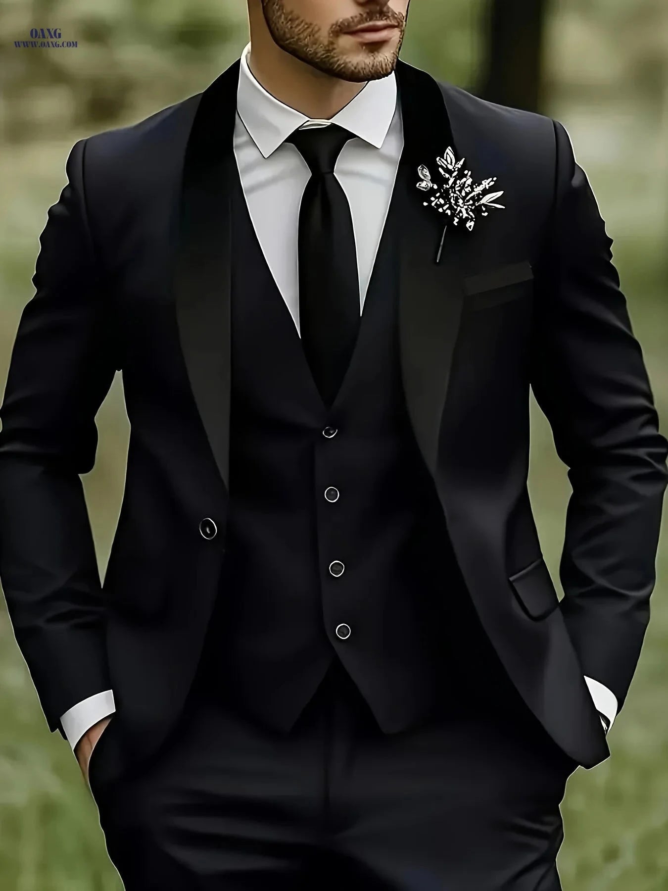 Elegant Men's 3-Piece Suit Set - Blazer, Vest & Trousers for Groomsmen   OAXG Burgundy / FR XXS