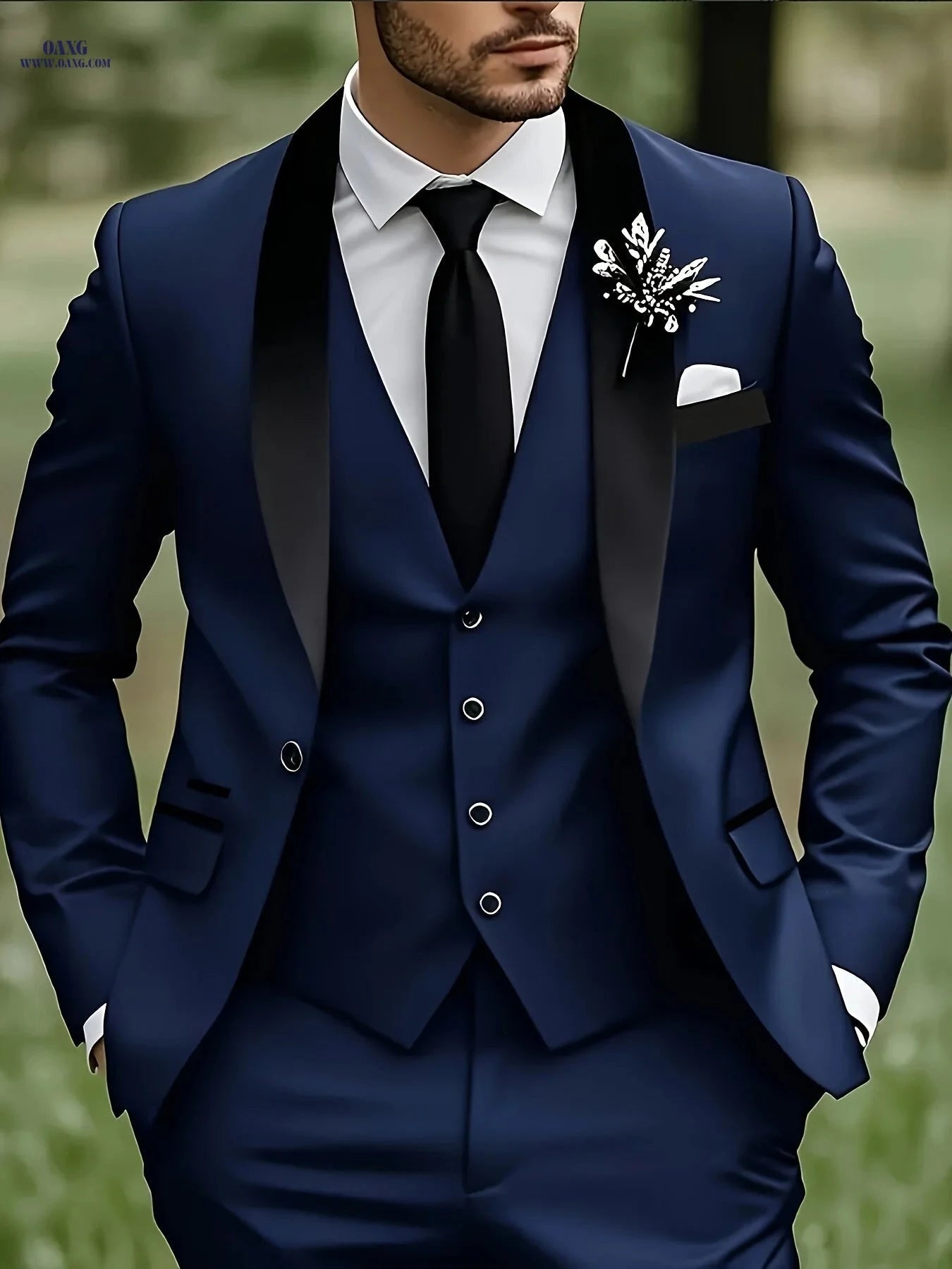 Elegant Men's 3-Piece Suit Set - Blazer, Vest & Trousers for Groomsmen   OAXG 