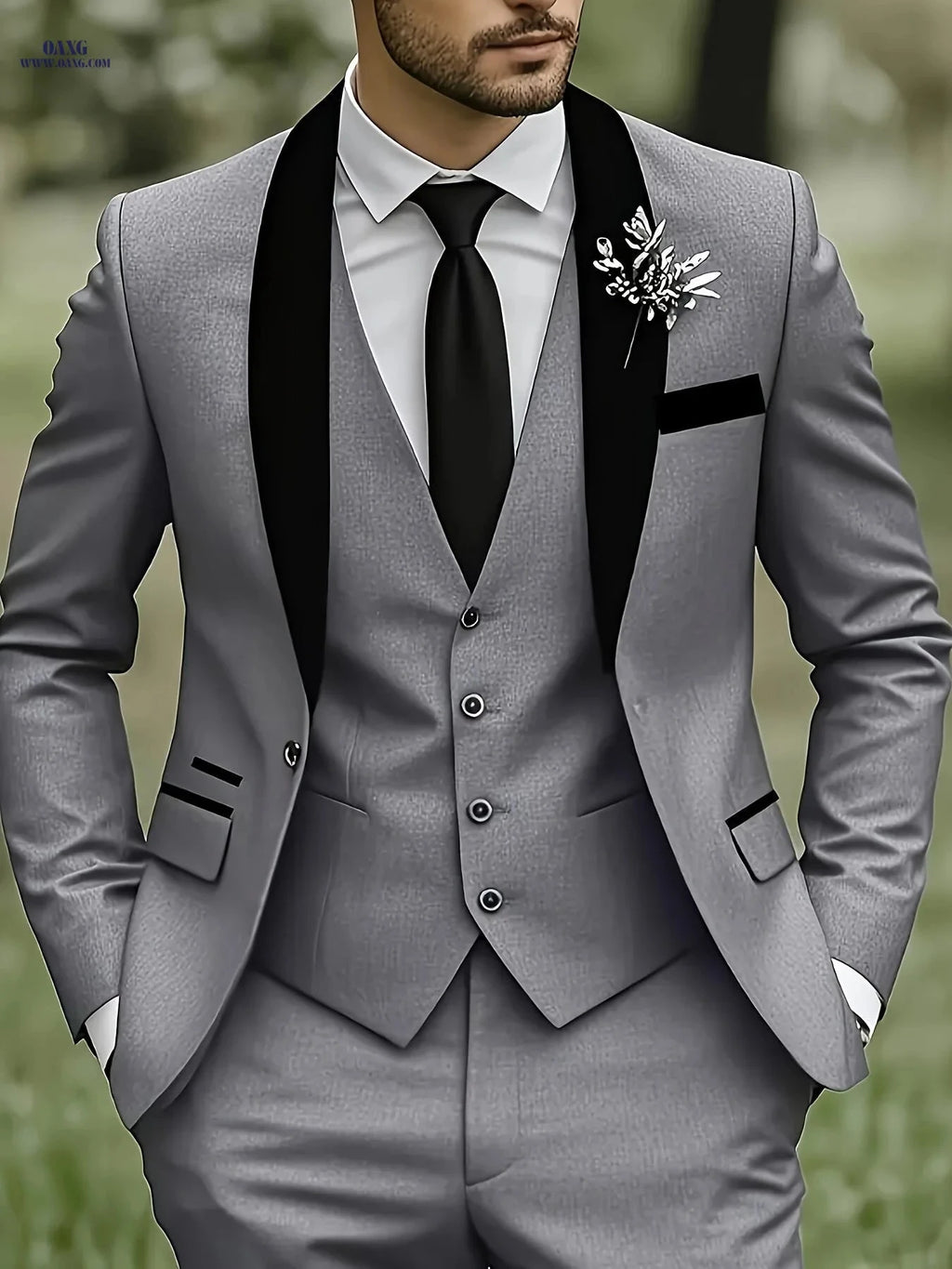 Elegant Men's 3-Piece Suit Set - Blazer, Vest & Trousers for Groomsmen   OAXG 