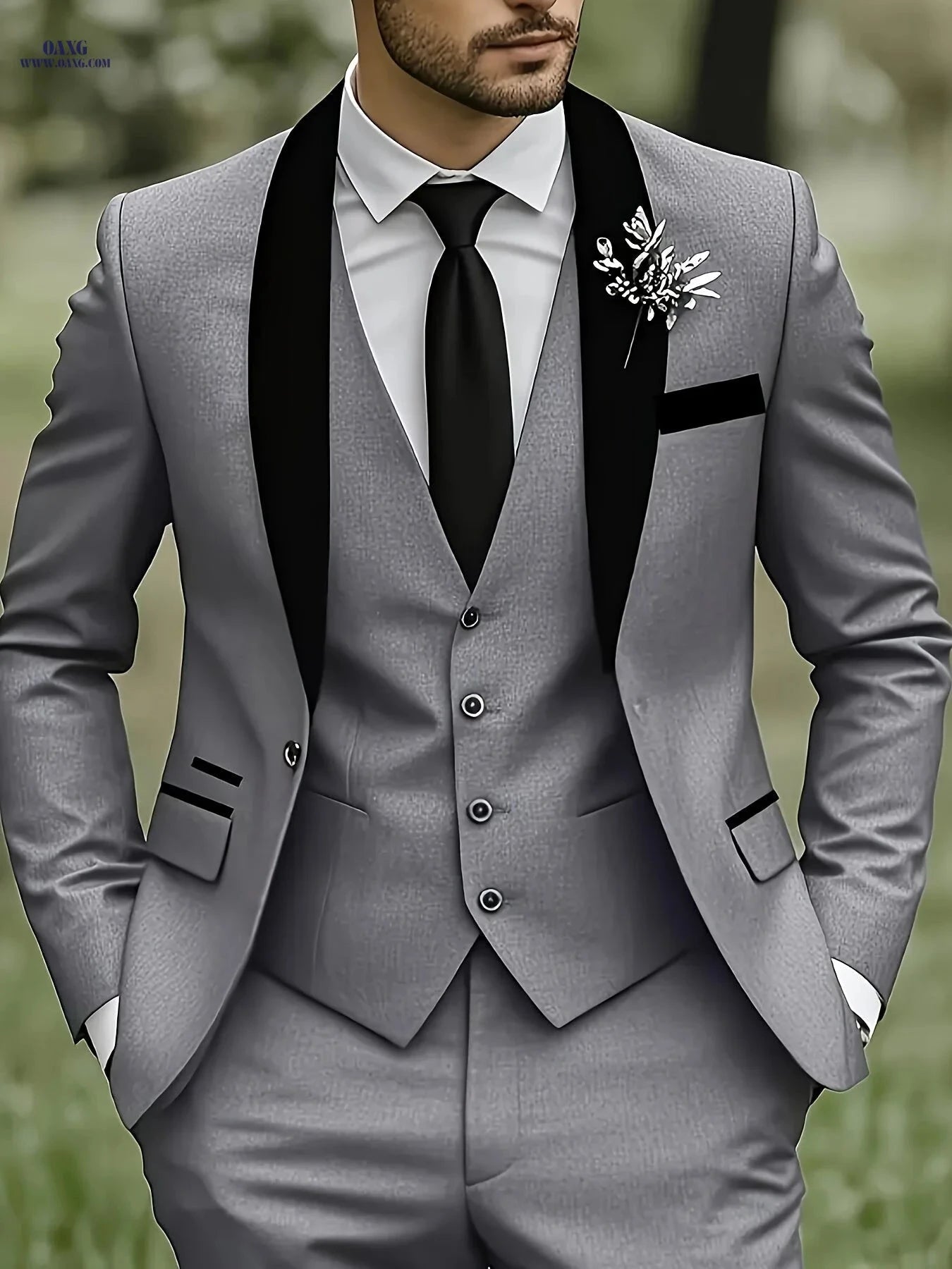 Elegant Men's 3-Piece Suit Set - Blazer, Vest & Trousers for Groomsmen   OAXG 