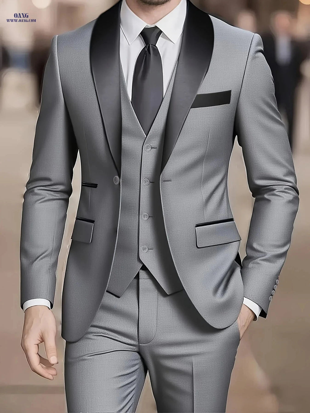 Elegant Men's 3-Piece Suit Set - Jacket, Vest & Trousers for Groomsmen   OAXG Black / FR XXS