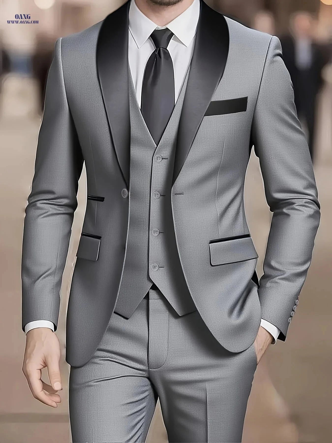 Elegant Men's 3-Piece Suit Set - Jacket, Vest & Trousers for Groomsmen   OAXG Black / FR XXS