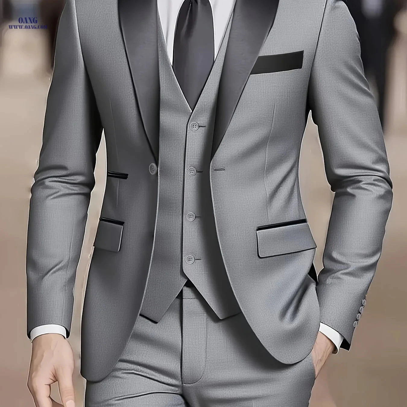 Elegant Men's 3-Piece Suit Set - Jacket, Vest & Trousers for Groomsmen   OAXG 