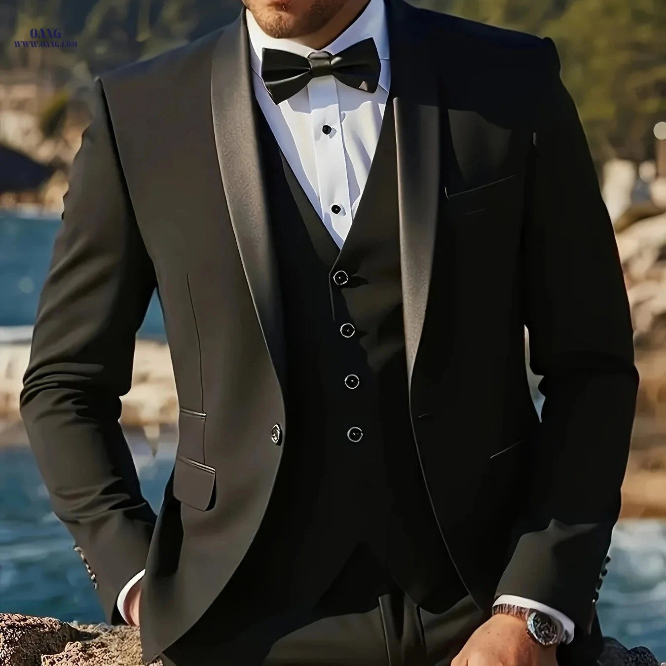 Elegant Men's 3pcs Suit Set - Jacket, Vest & Trousers for Events   OAXG Beige / FR XXS