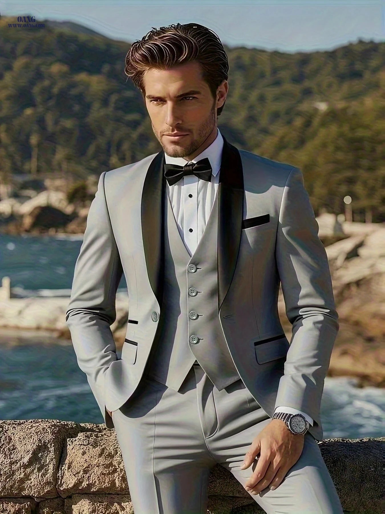 Elegant Men’s Three-Piece Suit - Notch Lapel, Versatile for Weddings   OAXG 