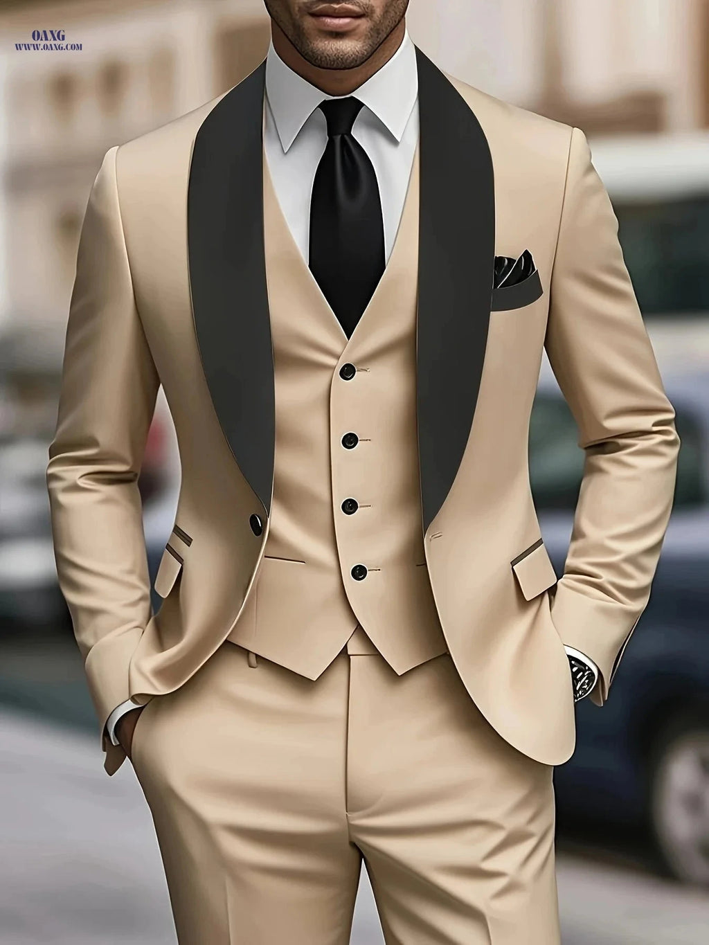 Elegant Men’s Three-Piece Suit - Notch Lapel, Versatile for Weddings   OAXG 