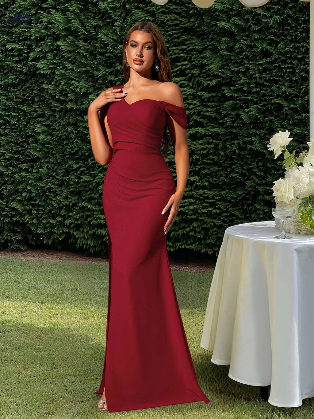Elegant Mermaid Evening Dress - Asymmetrical Neck, High Slit Style   OAXG 