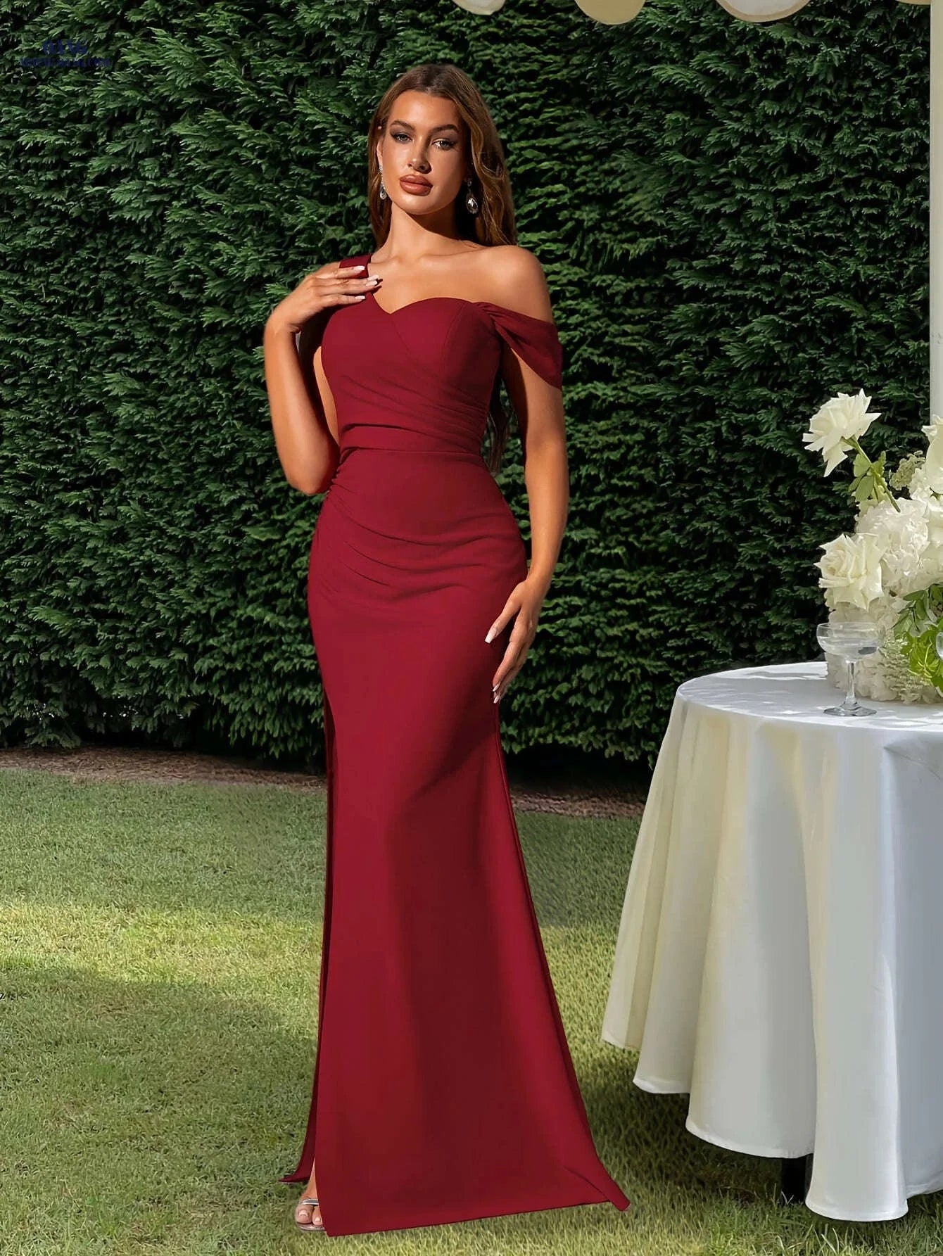 Elegant Mermaid Evening Dress - Asymmetrical Neck, High Slit Style   OAXG 