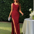 Elegant Mermaid Evening Dress - Asymmetrical Neck, High Slit Style   OAXG Burgundy / XS