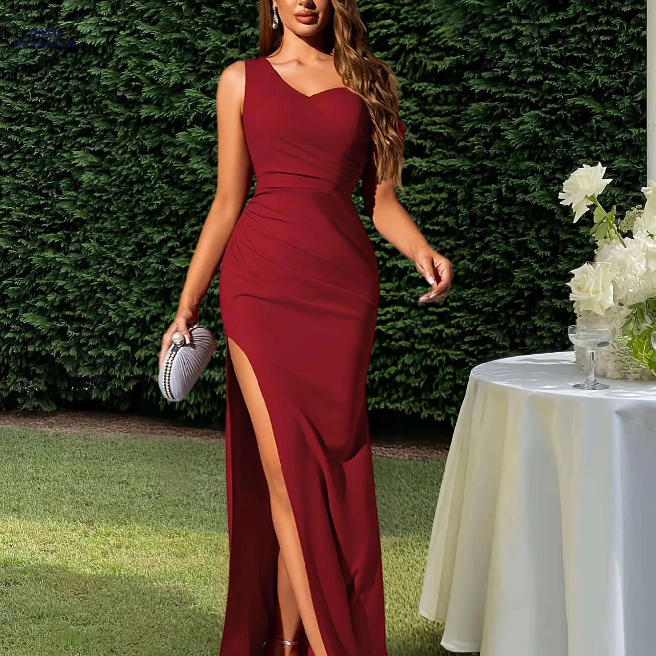 Elegant Mermaid Evening Dress - Asymmetrical Neck, High Slit Style   OAXG Burgundy / XS