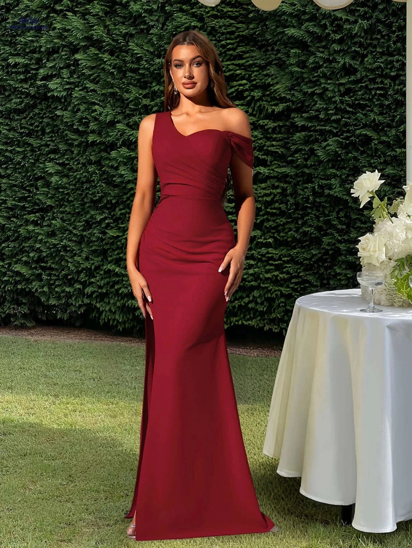 Elegant Mermaid Evening Dress - Asymmetrical Neck, High Slit Style   OAXG Burgundy / XS