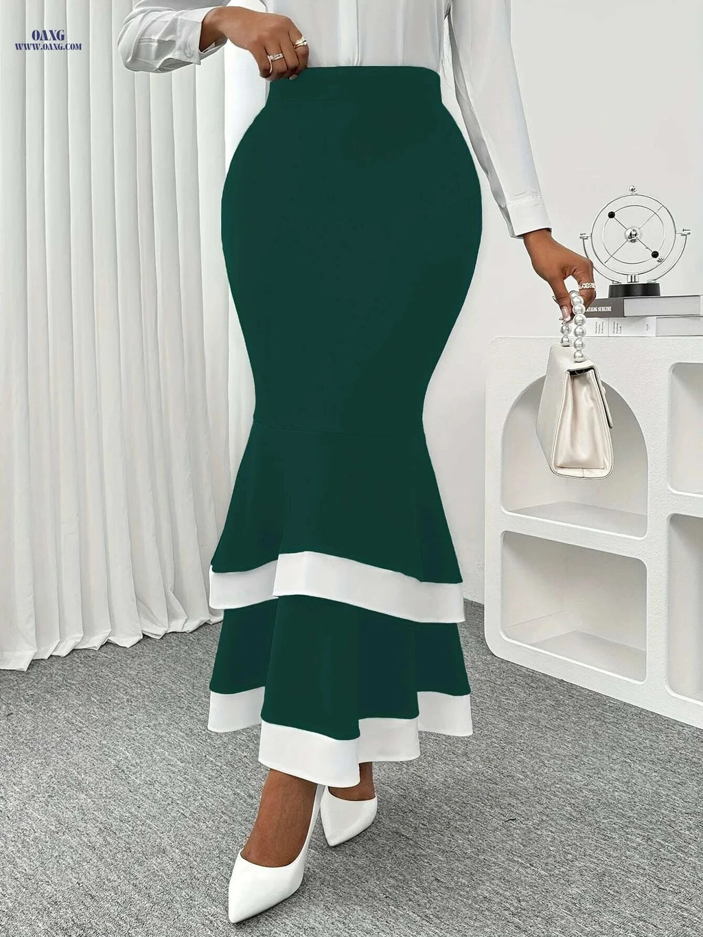 Elegant Mermaid Skirt - Women's Deep Green with White Stripes   OAXG 