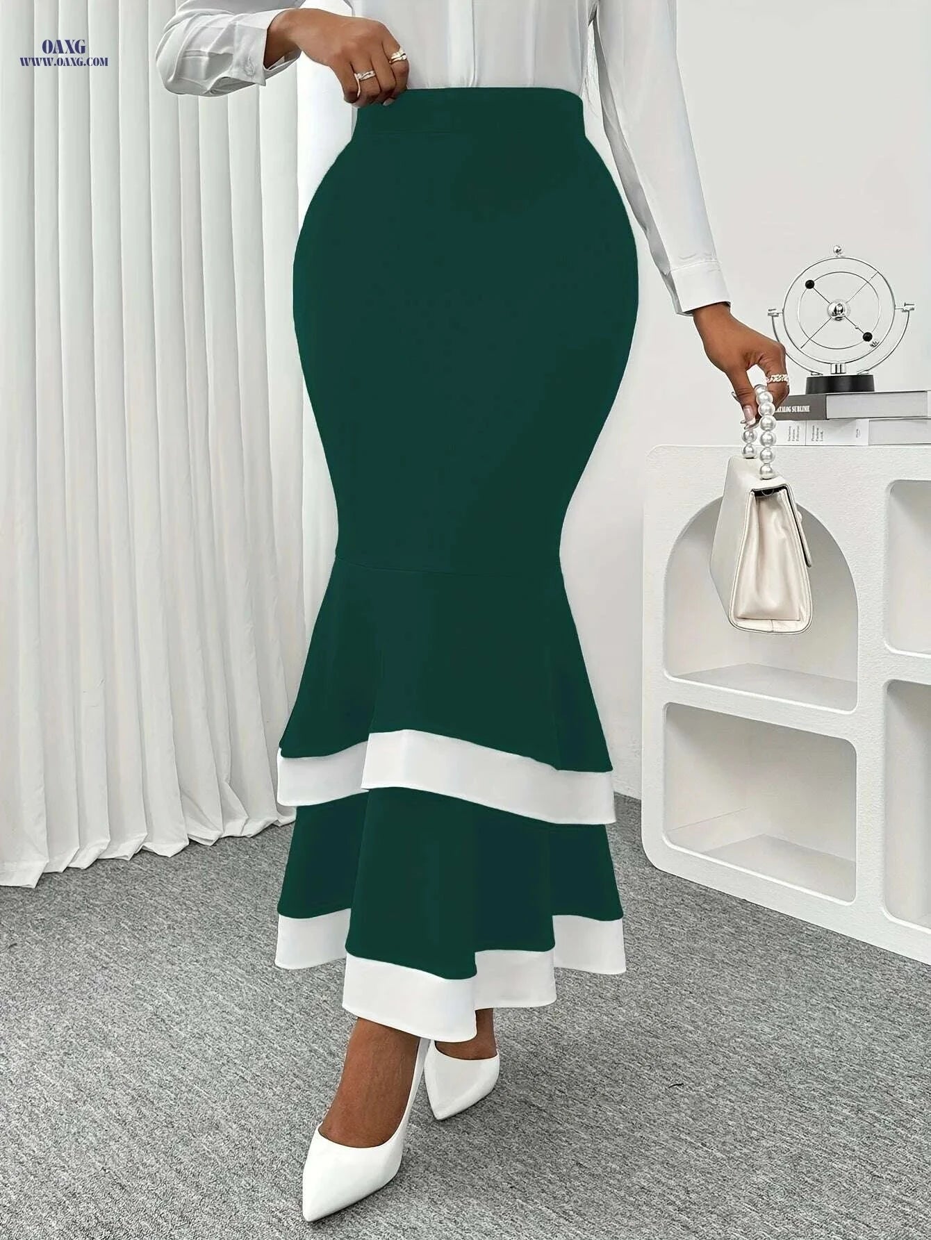 Elegant Mermaid Skirt - Women's Deep Green with White Stripes   OAXG 