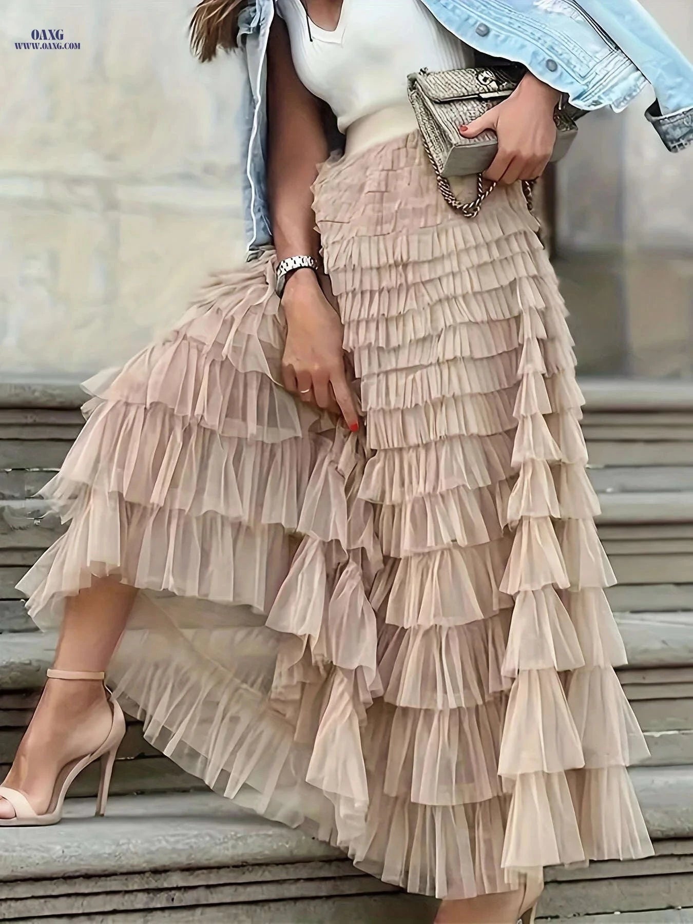 Elegant Mesh Long Cake Skirt - Elastic Waist for Fall/Winter   OAXG Rose Red / S