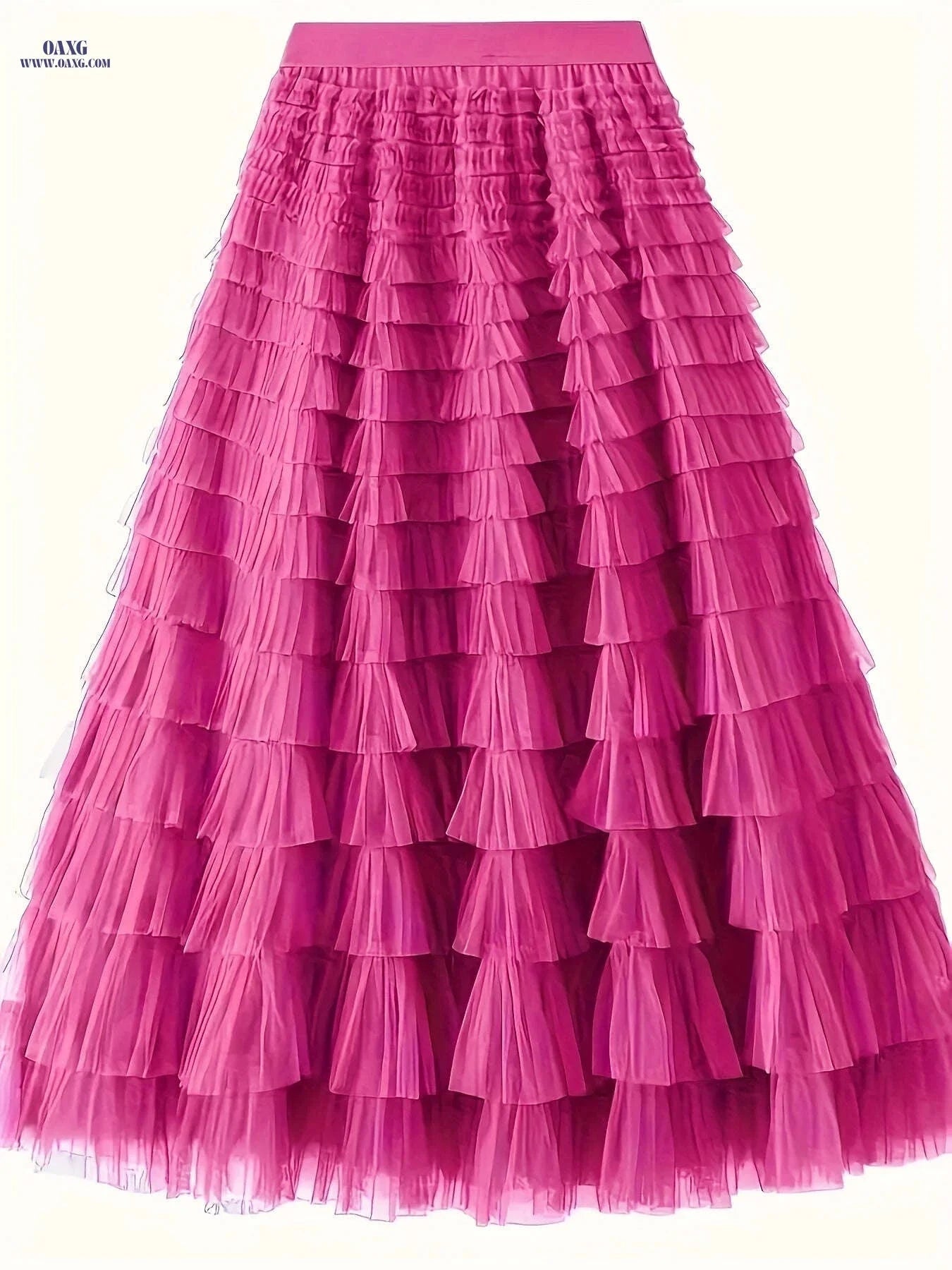 Elegant Mesh Long Cake Skirt - Elastic Waist for Fall/Winter   OAXG Rose Red / S