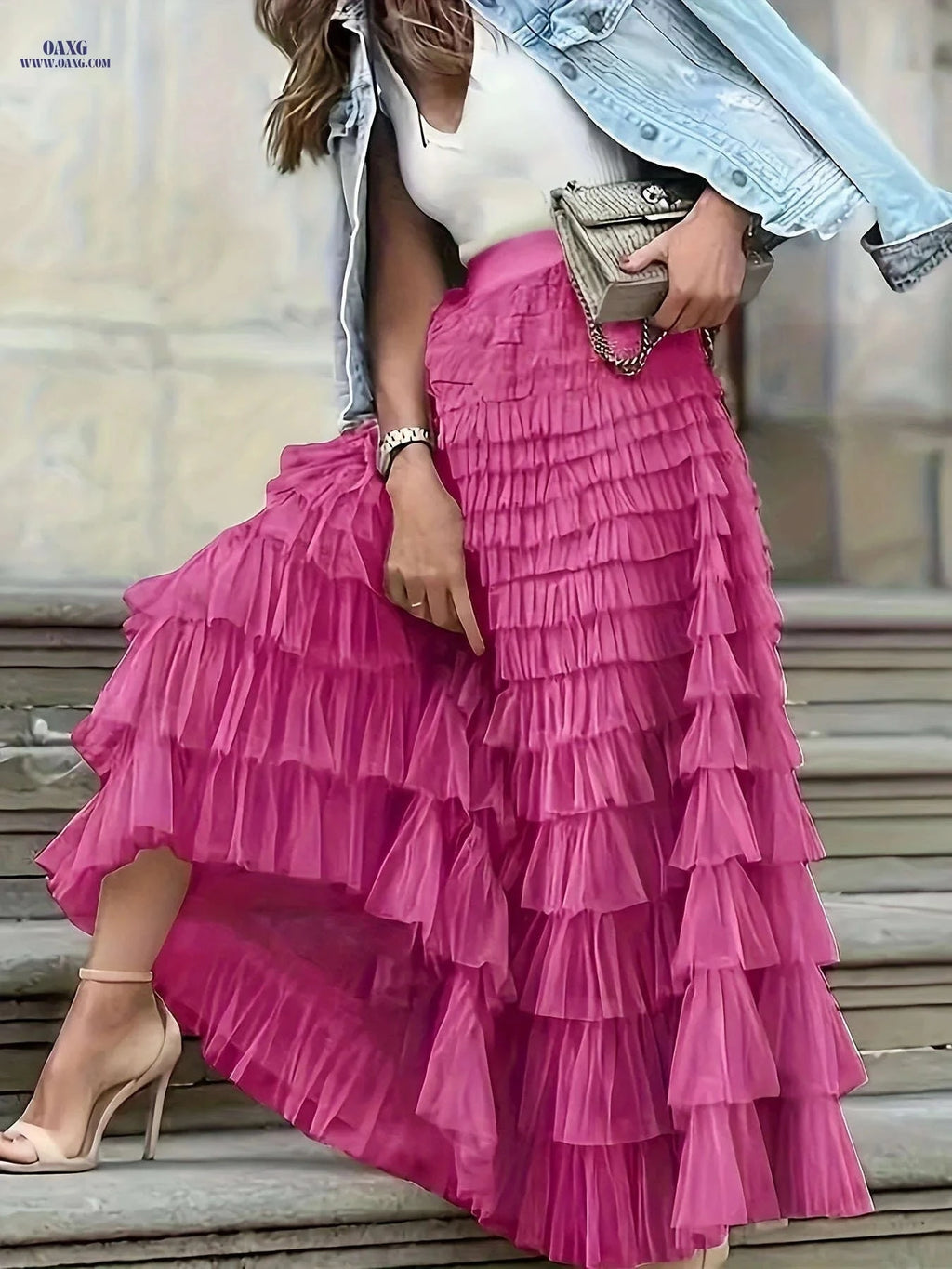 Elegant Mesh Long Cake Skirt - Elastic Waist for Fall/Winter   OAXG Rose Red / S