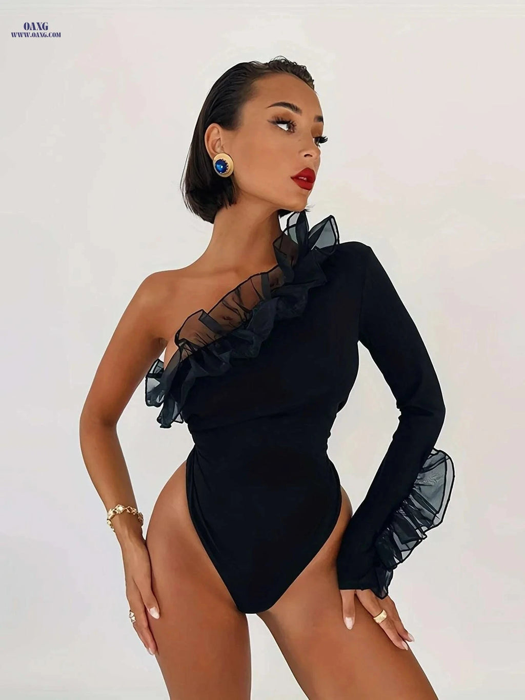 Elegant Mesh Ruffle Trim Bodysuit - Off the Shoulder One Piece   OAXG Black / S