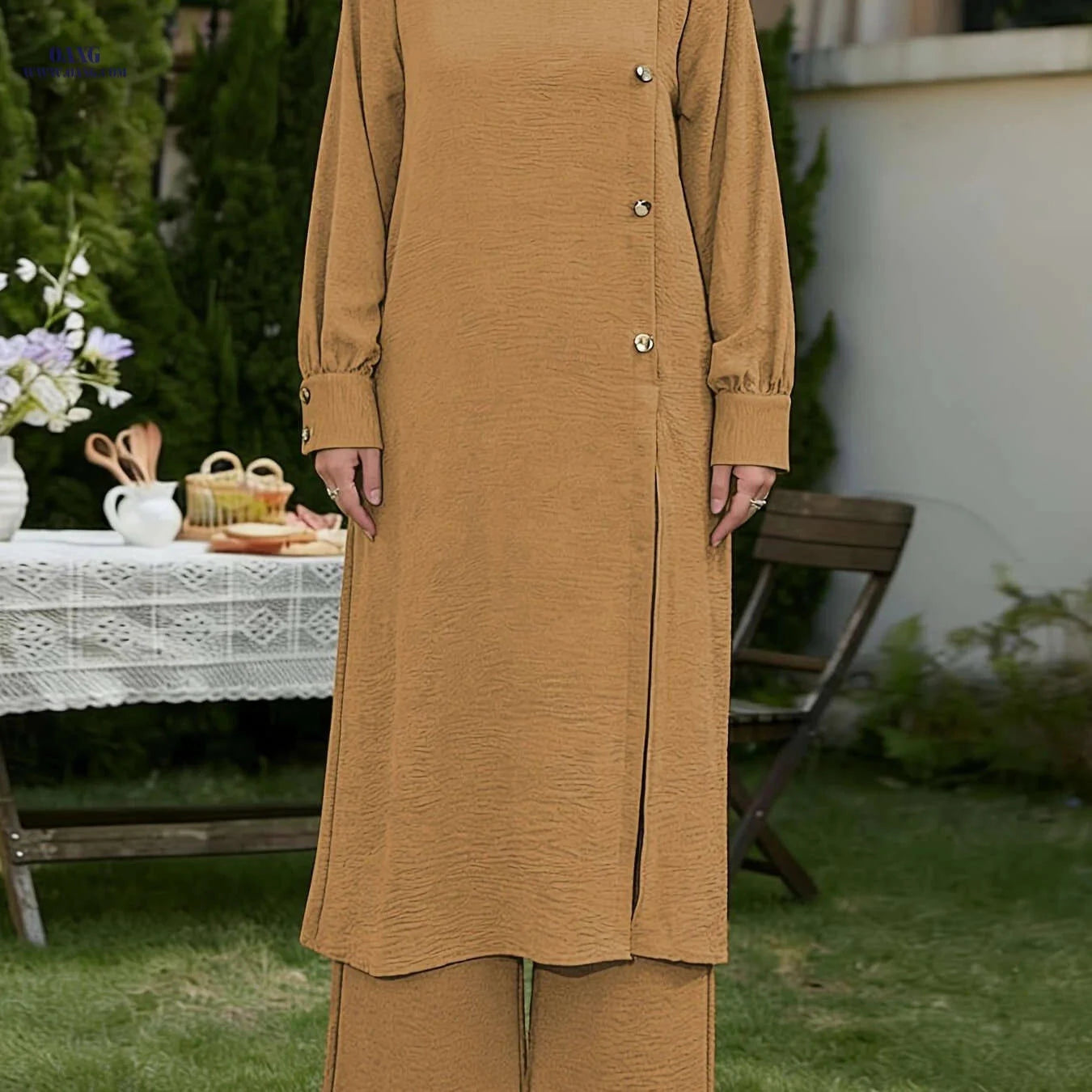 Elegant Middle East Abaya Set - Solid Color Long Shirt & Wide-Leg Pants   OAXG 