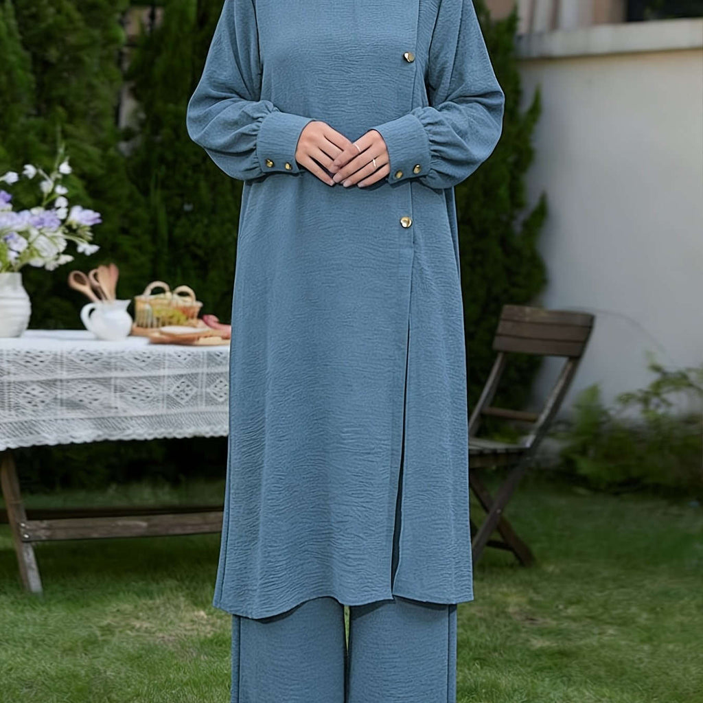 Elegant Middle East Abaya Set - Solid Color Long Shirt & Wide-Leg Pants   OAXG 