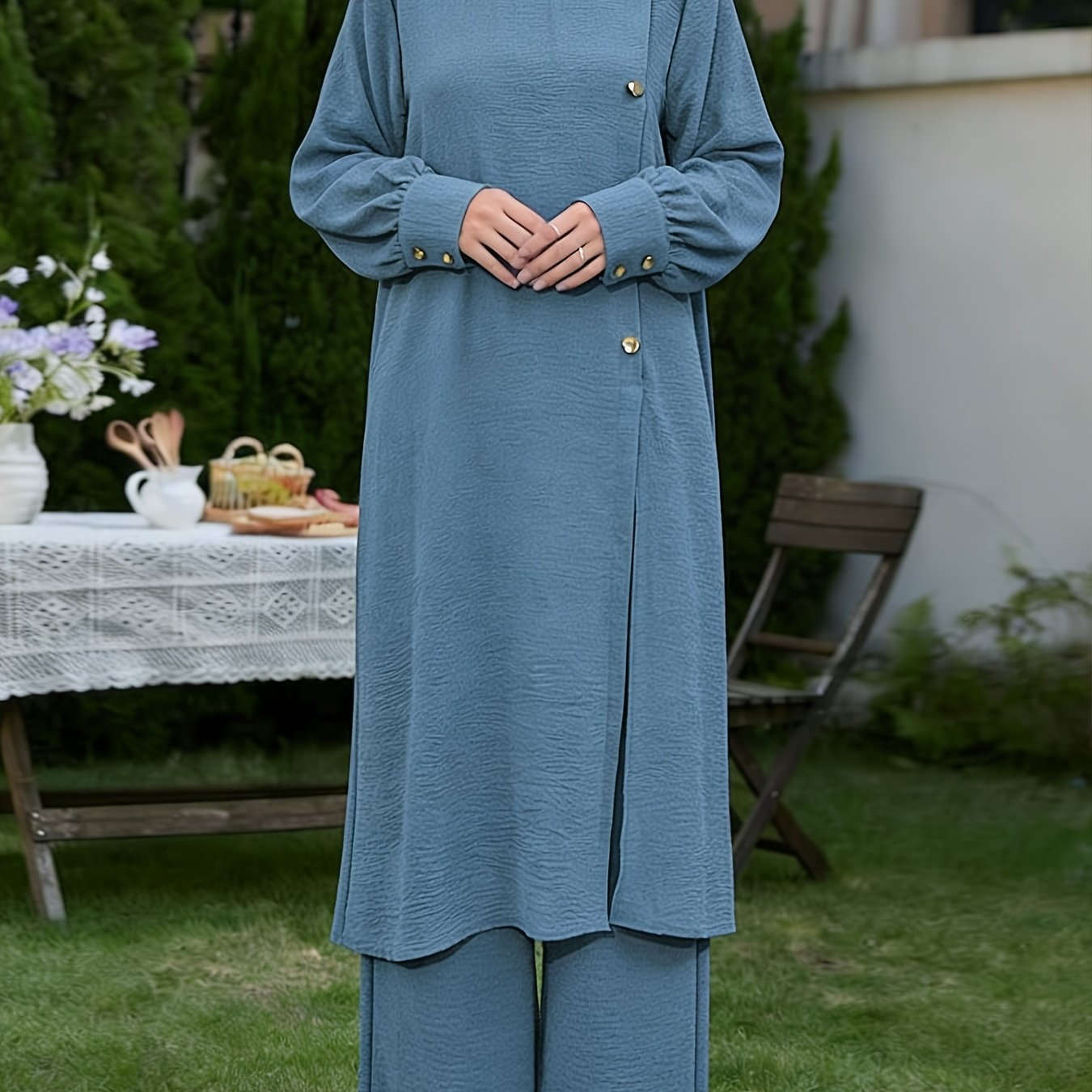 Elegant Middle East Abaya Set - Solid Color Long Shirt & Wide-Leg Pants   OAXG 