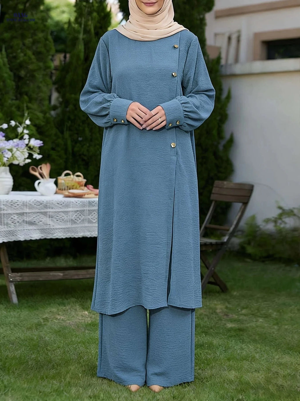 Elegant Middle East Abaya Set - Solid Color Long Shirt & Wide-Leg Pants   OAXG 