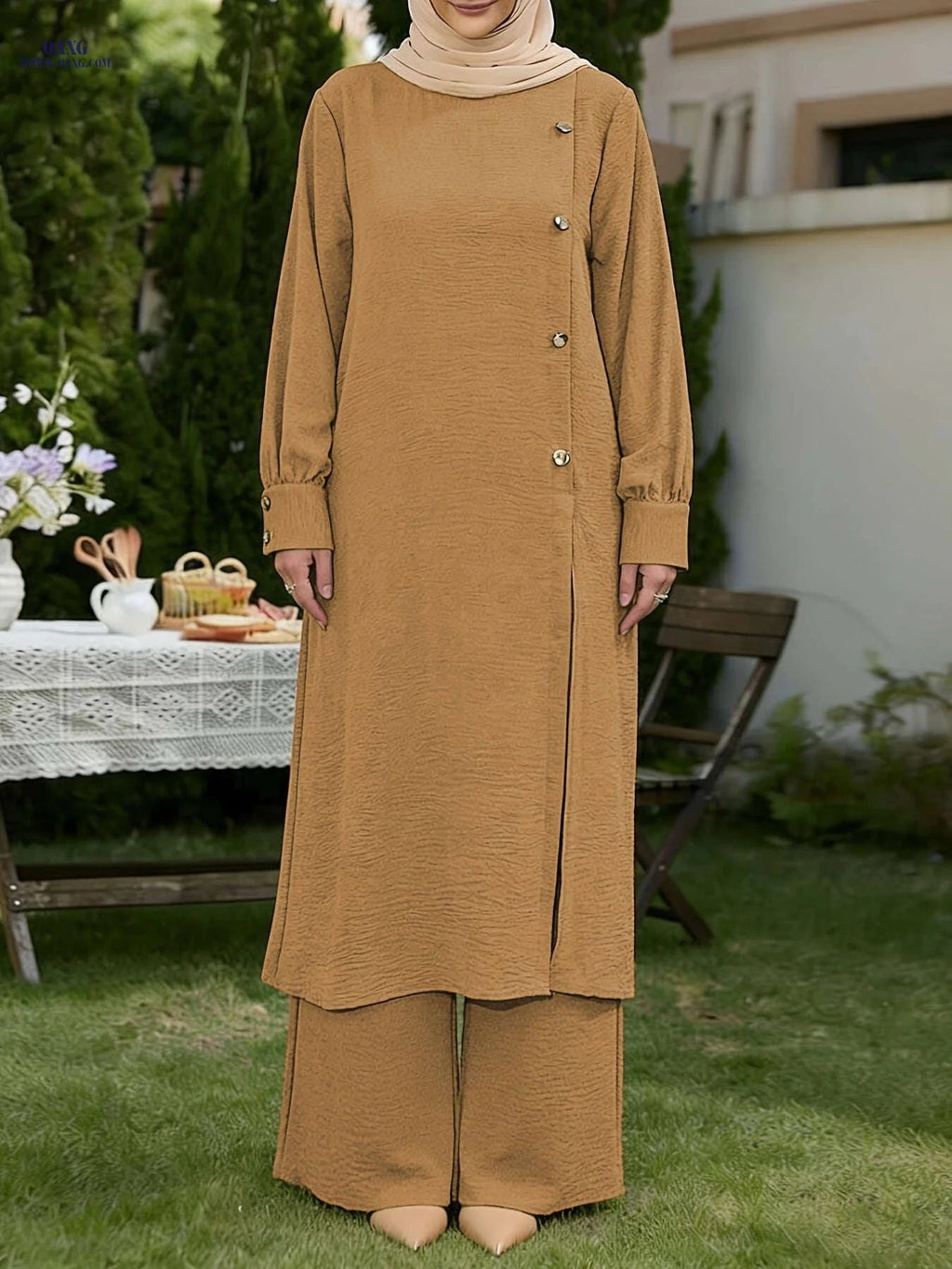 Elegant Middle East Abaya Set - Solid Color Long Shirt & Wide-Leg Pants   OAXG 