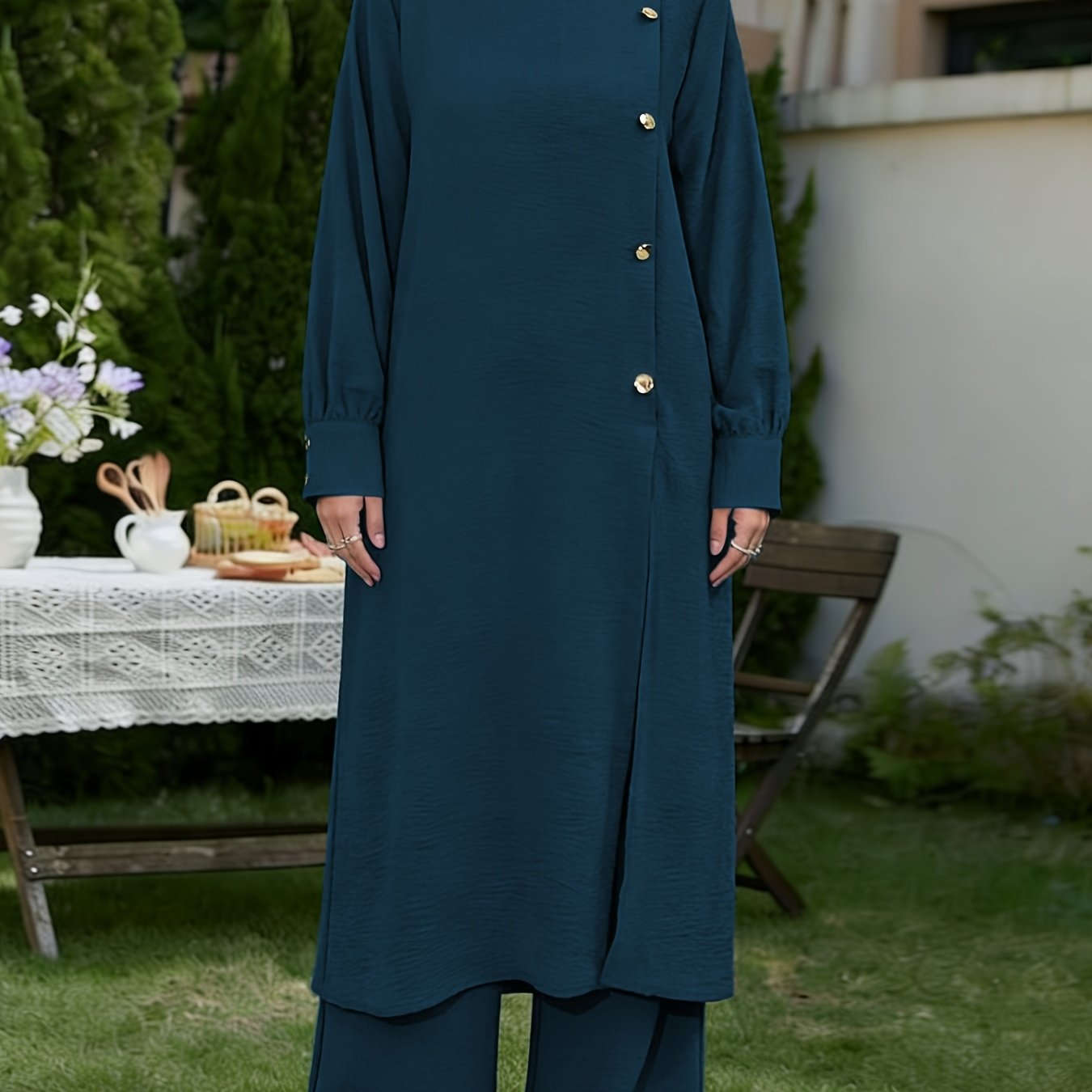 Elegant Middle East Abaya Set - Solid Color Long Shirt & Wide-Leg Pants   OAXG 