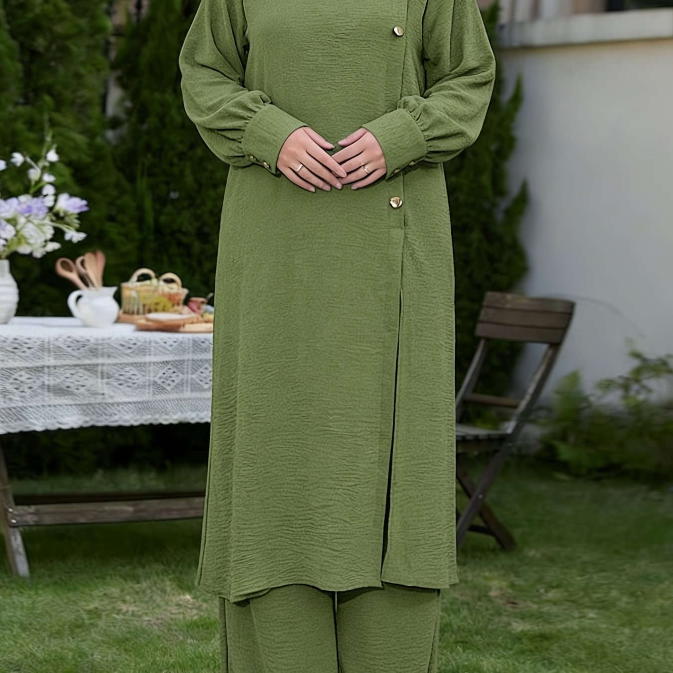 Elegant Middle East Abaya Set - Solid Color Long Shirt & Wide-Leg Pants   OAXG 