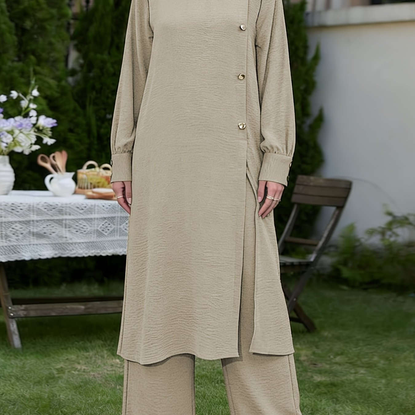 Elegant Middle East Abaya Set - Solid Color Long Shirt & Wide-Leg Pants   OAXG 