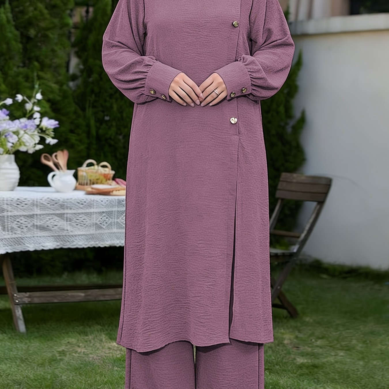Elegant Middle East Abaya Set - Solid Color Long Shirt & Wide-Leg Pants   OAXG 
