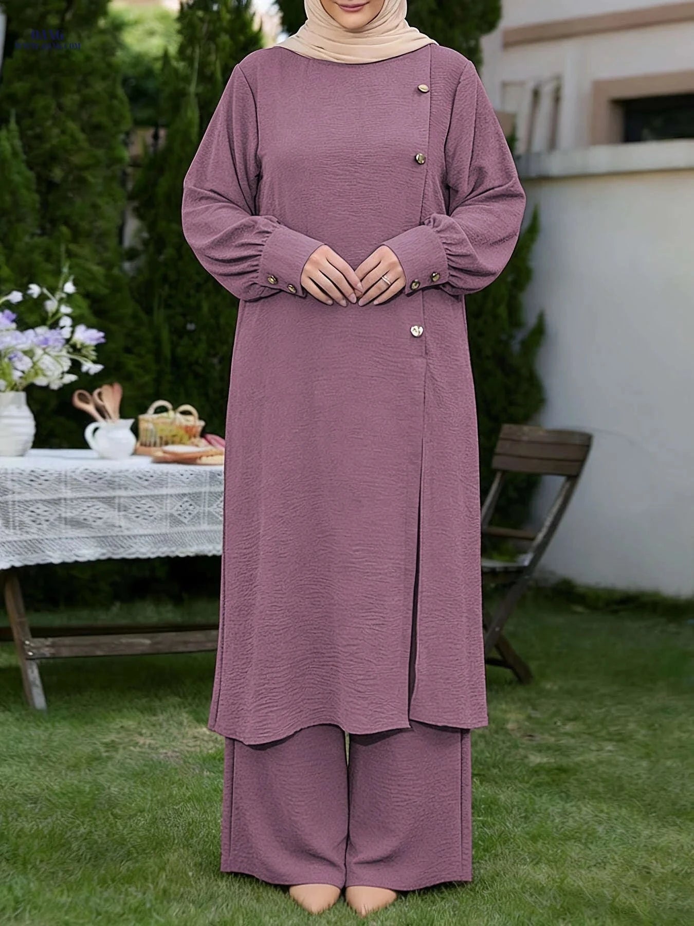 Elegant Middle East Abaya Set - Solid Color Long Shirt & Wide-Leg Pants   OAXG 