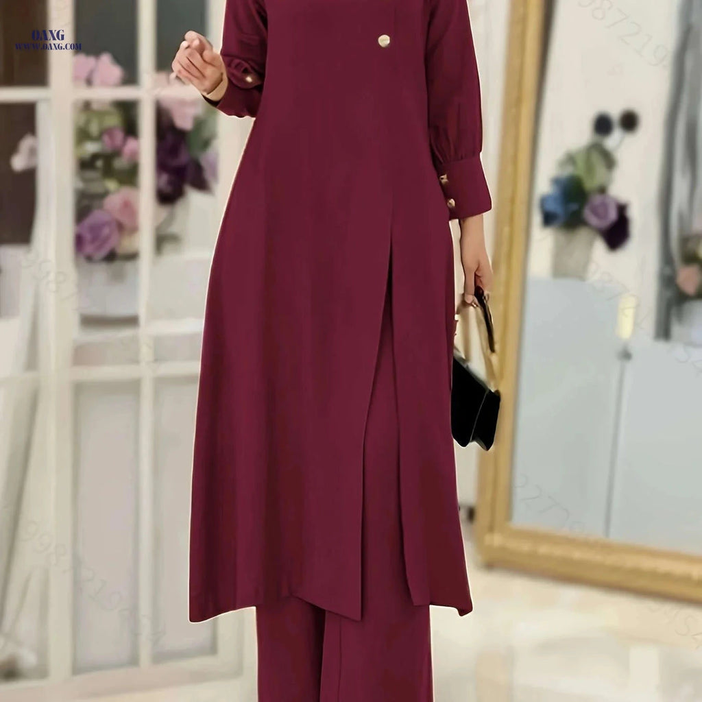 Elegant Middle East Abaya Set - Solid Color Long Shirt & Wide-Leg Pants   OAXG 