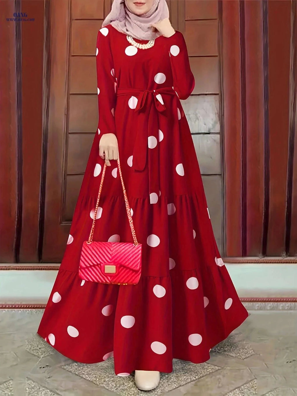 Elegant Middle Eastern Abaya - Polka Dot Long Sleeve Tie-Up Design   OAXG crimson / S
