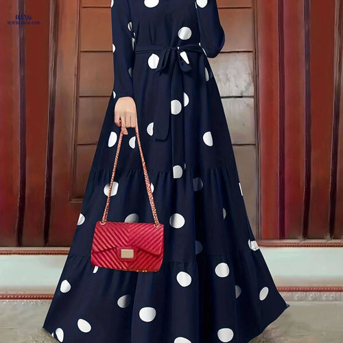 Elegant Middle Eastern Abaya - Polka Dot Long Sleeve Tie-Up Design   OAXG crimson / S