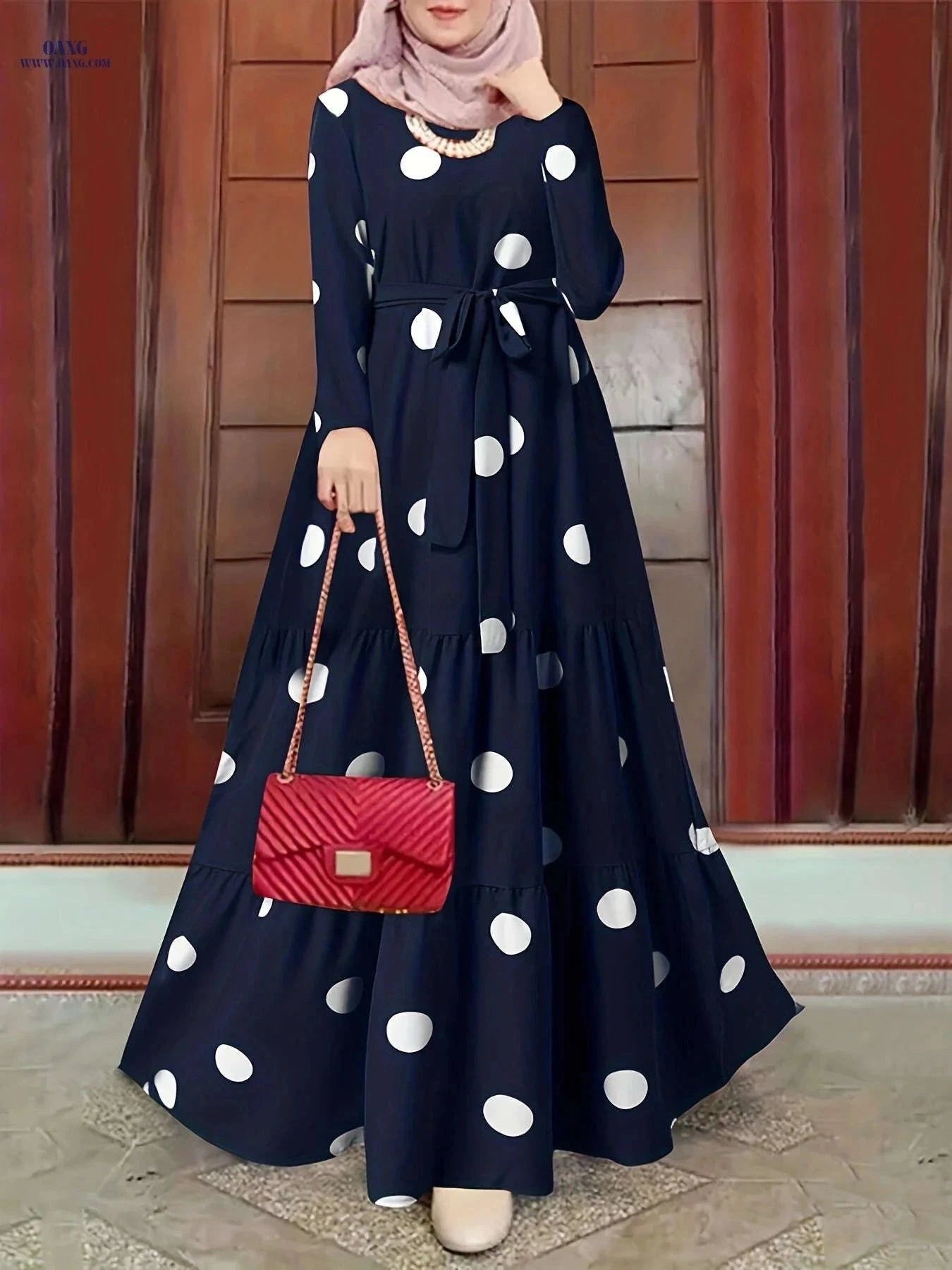 Elegant Middle Eastern Abaya - Polka Dot Long Sleeve Tie-Up Design   OAXG crimson / S