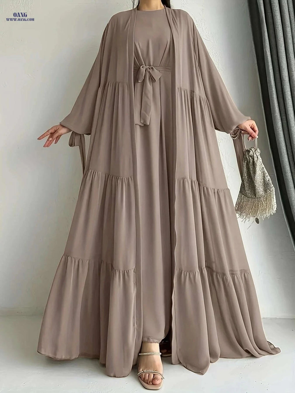 Elegant Middle Eastern Abaya Set - Chiffon Robe with Belt & Ruffle Hem   OAXG Light Green / S