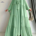 Elegant Middle Eastern Abaya Set - Chiffon Robe with Belt & Ruffle Hem   OAXG 