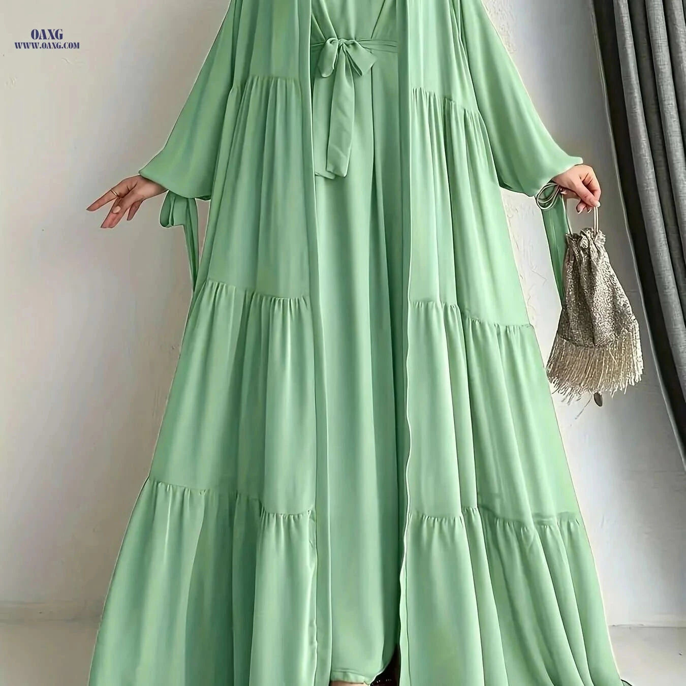 Elegant Middle Eastern Abaya Set - Chiffon Robe with Belt & Ruffle Hem   OAXG 