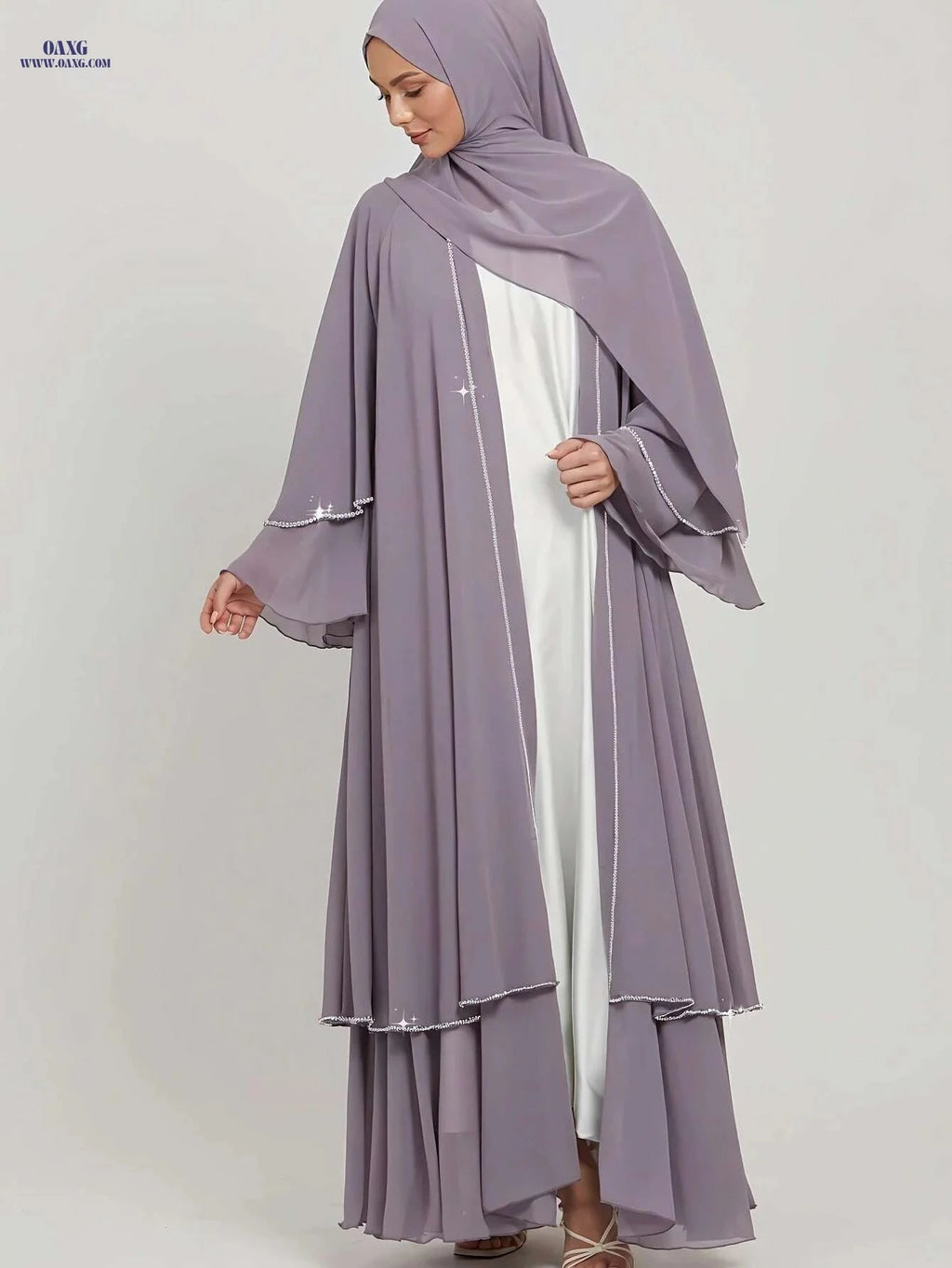 Elegant Middle Eastern Abaya with Rhinestone Trim - Modest Wear   OAXG Black / S