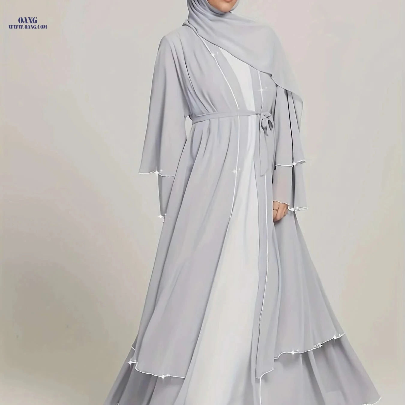 Elegant Middle Eastern Abaya with Rhinestone Trim - Modest Wear   OAXG 